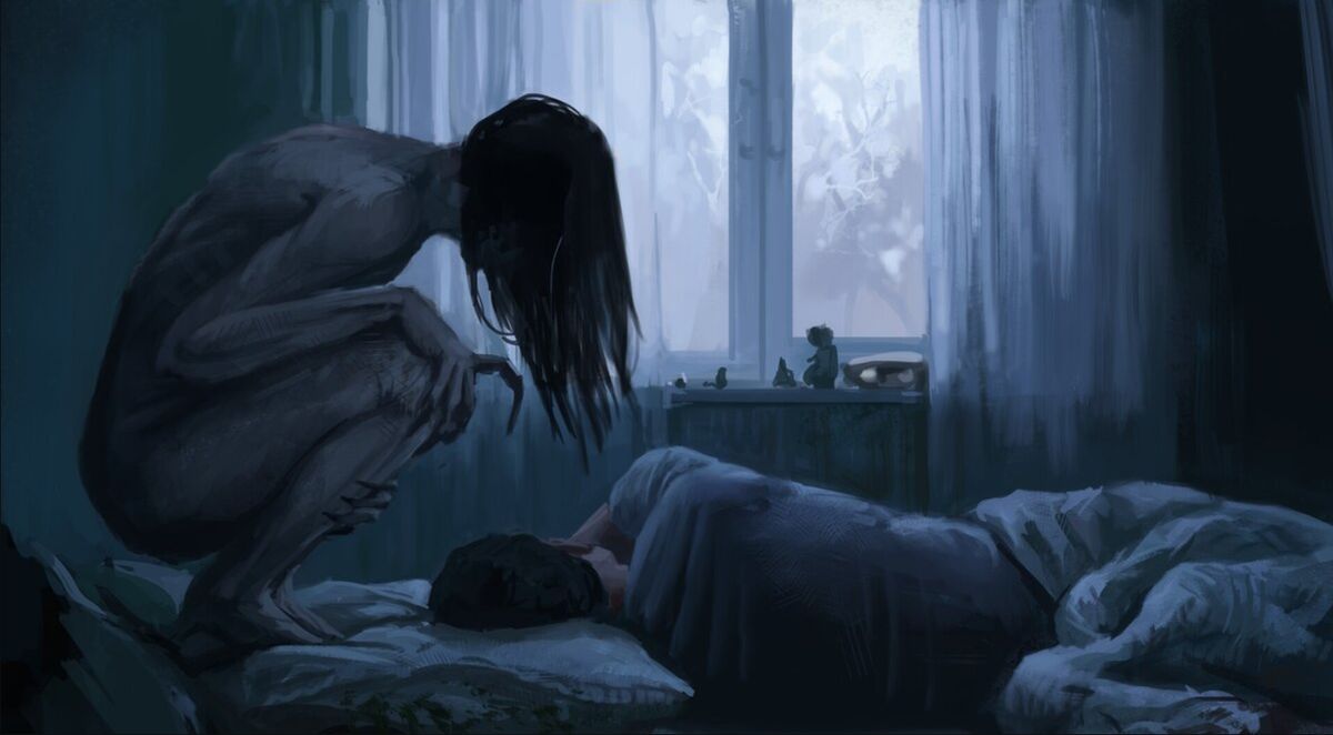 У кого было пишите в комментариях. Лично у меня, либо грузная неподвижная фигура сурового мужика с топором, черного как тень, либо в виде безликой тощей мужской фигуры (что-то типо слендермена) в тени за плечом, который положил руки на грудь. Пишу и мурашки по коже! Бррр!