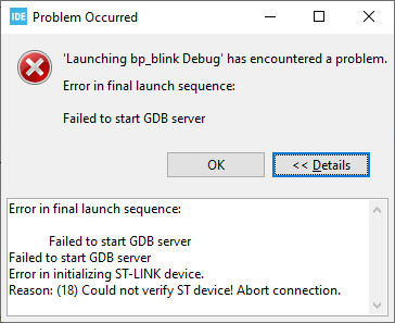 Reason: (18) Could not verify ST device! Abort connection.
