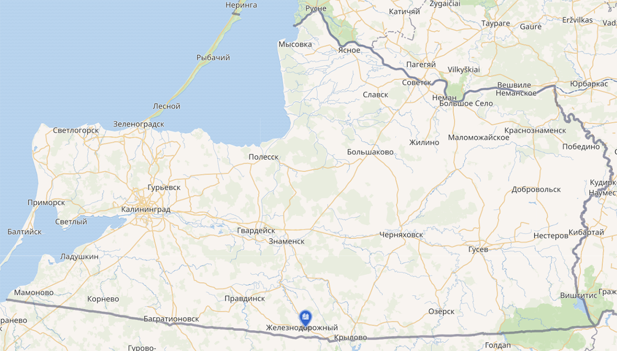 Пос. Железнодорожный на карте Калининградской области. 