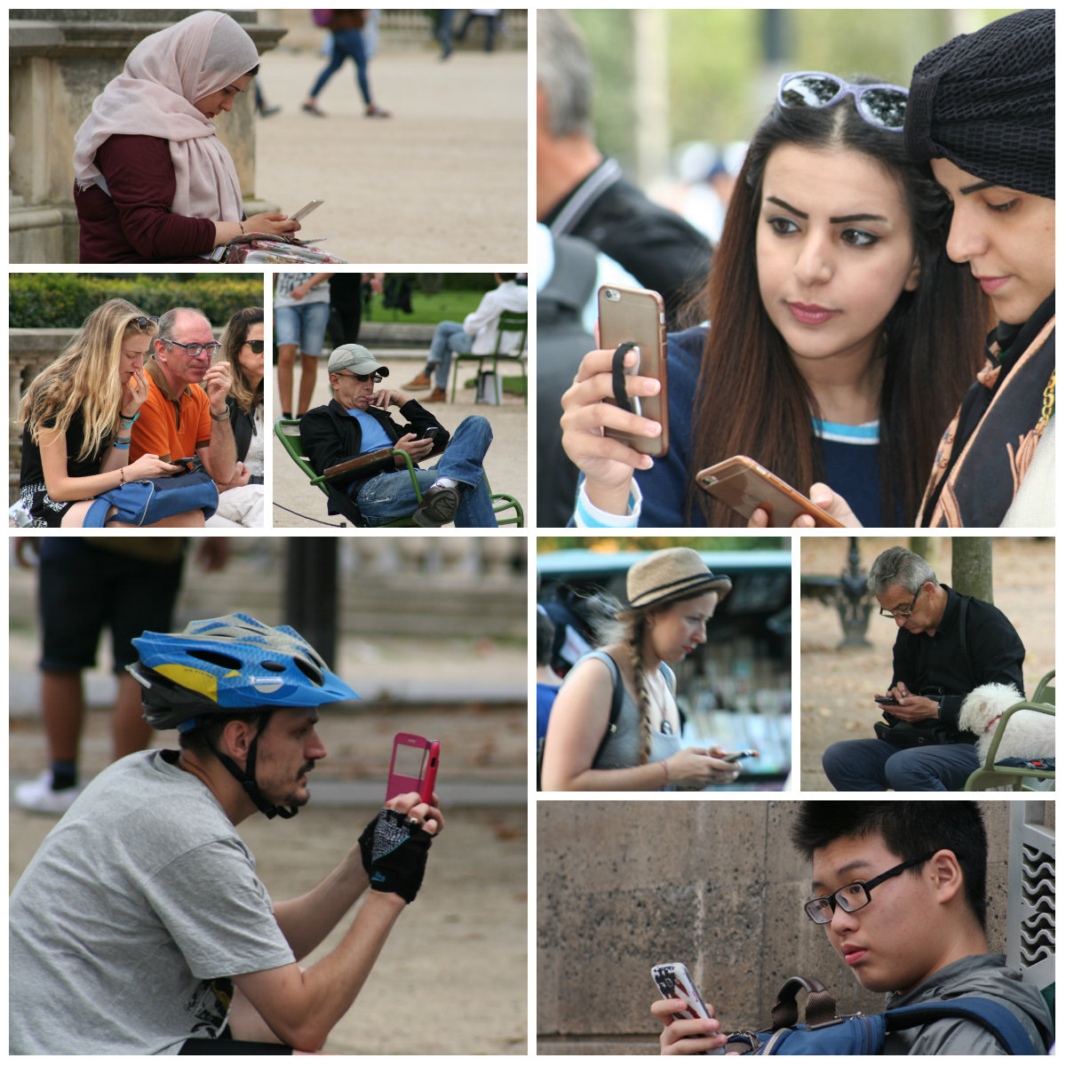  Гаджеты окружают нас повсюду.  В метро, дома, на работе, на перекуре.  Что говорить - я и сама такая: чуть свободная минутка - лезу в смартфон  проверить почту или ответить на комент в ЖЖ. Летом прошлого года,  оказавшись в Париже, я пыталась вести традиционные фотозарисовки, и  вдруг поняла, что совсем не вижу лиц. Люди сидели, уткнувшись в телефоны  и планшеты, и выглядело это настолько наглядно и привычно, что я решила  сделать эту фотосерию. Ну да, лица не получились, зато очень ясно  показано, насколько люди зависимы от своих гаджетов...

