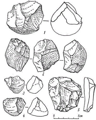 Одни из древнейших орудий олдувайской культуры из Кооби-Фора, чопперы (1-4) и нож (5)