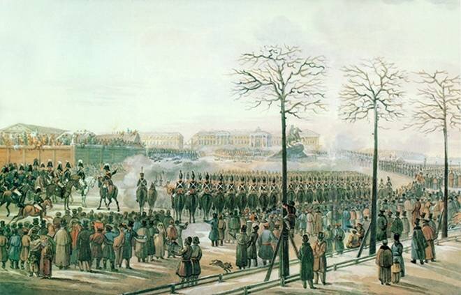 Восстание 14 декабря 1825 г. на Сенатской площади (фрагмент). 1853. Художник В.Ф. Тимм.