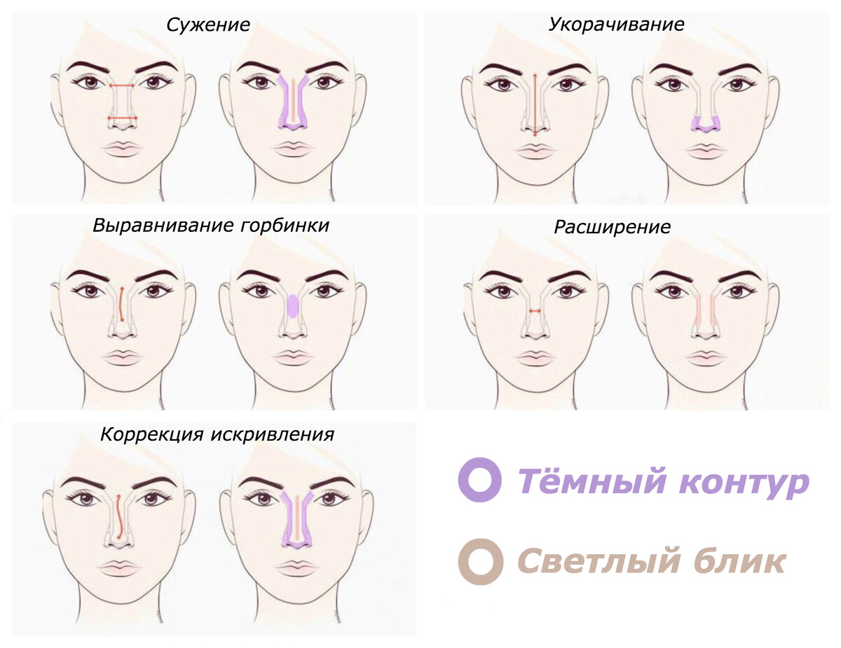 Схема коррекции носа с помощью макияжа