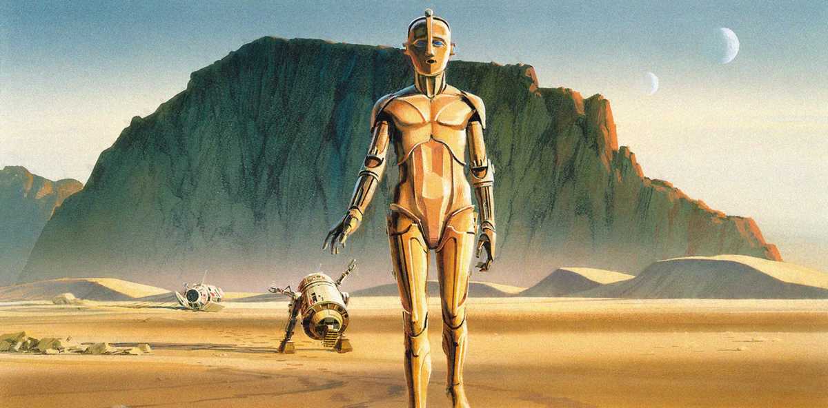 "Artoo and Threepio leave the pod in the desert", 2-ая версия. Маккуарри дважды пересматривал картину, по-видимому, по просьбе Джорджа Лукаса. Были изменены лицо и живот C-3PO.