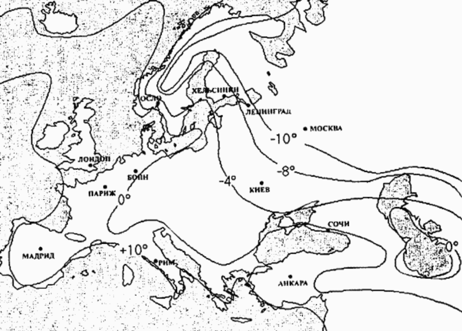 Рис. 1. Основное различие природных условий «Европы» и «Евразии» - зимние температуры. Чем дальше на запад – и, соответственно, ближе к Гольфстриму – тем теплее. Базовым параметром считается изотерма января. Границы прежней Организации Варшавского Договора примерно совпадают с нулевой изотермой января (по крайней мере, если не учитывать Альпийский регион – там вмешивается фактор высоты над уровнем моря, а не расстояние до тёплых морей). Прежняя граница СССР примерно соответствует изотерме -4 Цельсия. Западная граница Российской Федерации очень грубо тяготеет к изотерме -8.