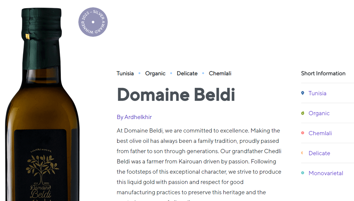 Описание оливкового масла Domaine Beldi в листе призёров New York IOOC 2022 - Organic, Delicat, Monovarietal