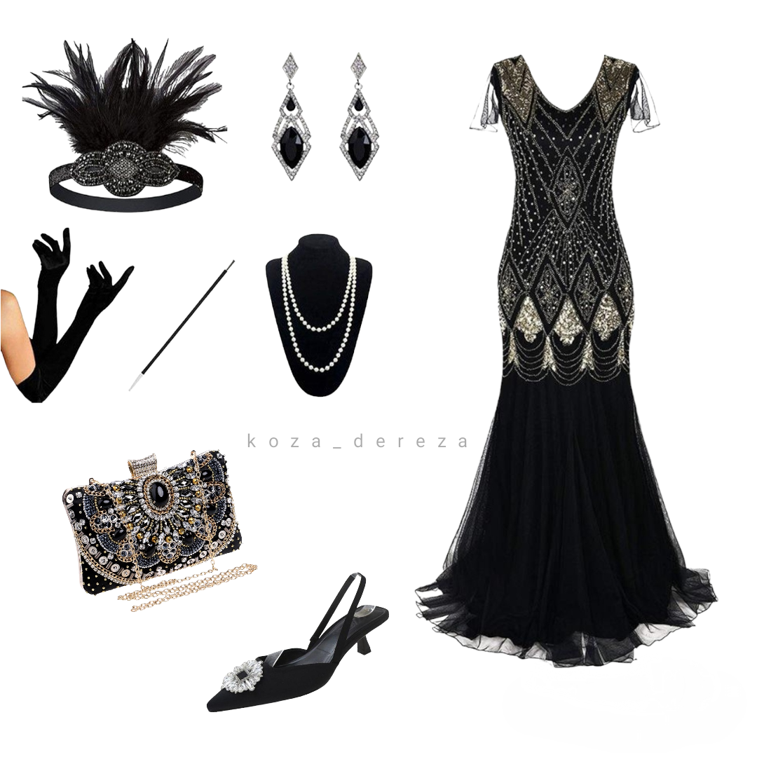 На фото представлен пример вечернего образа 1920-х годов, который я составила, поискав необходимую одежду и аксессуары на маркетплейсах в китайский онлайн магазинах. Старалась всё продумать до мелочей и включила в этот образ слингбэки. Фото автора статьи
