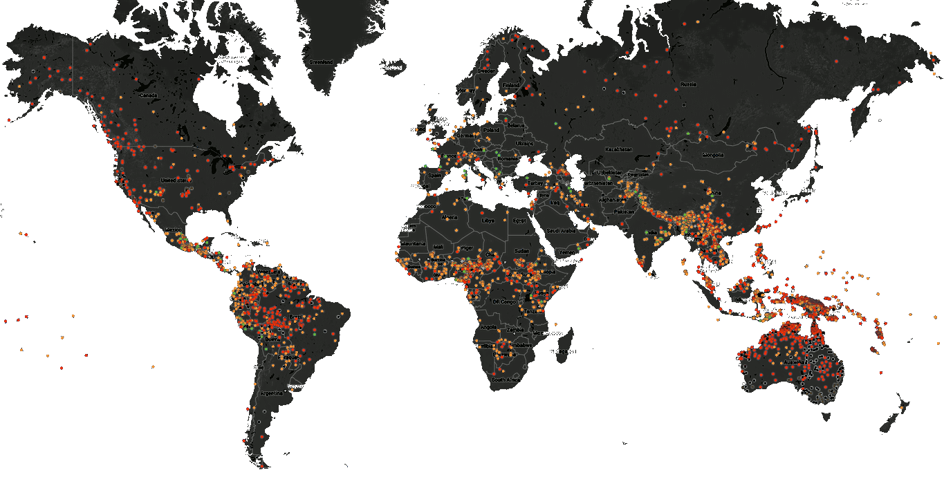 Карта исчезающих языков выглядит как-то так. Подробнее можно посмотреть вот здесь: http://www.endangeredlanguages.com/?hl=ru