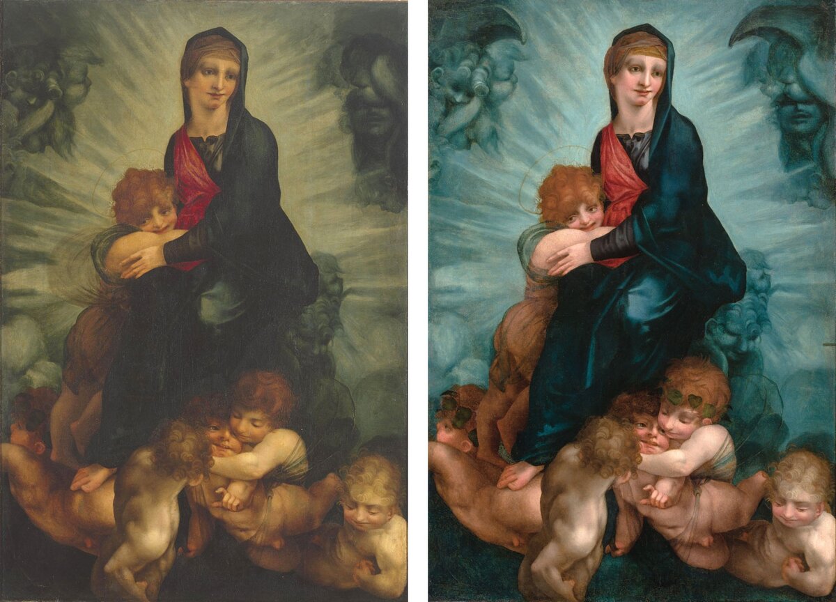 «Мадонна во славе» до и после реставрации