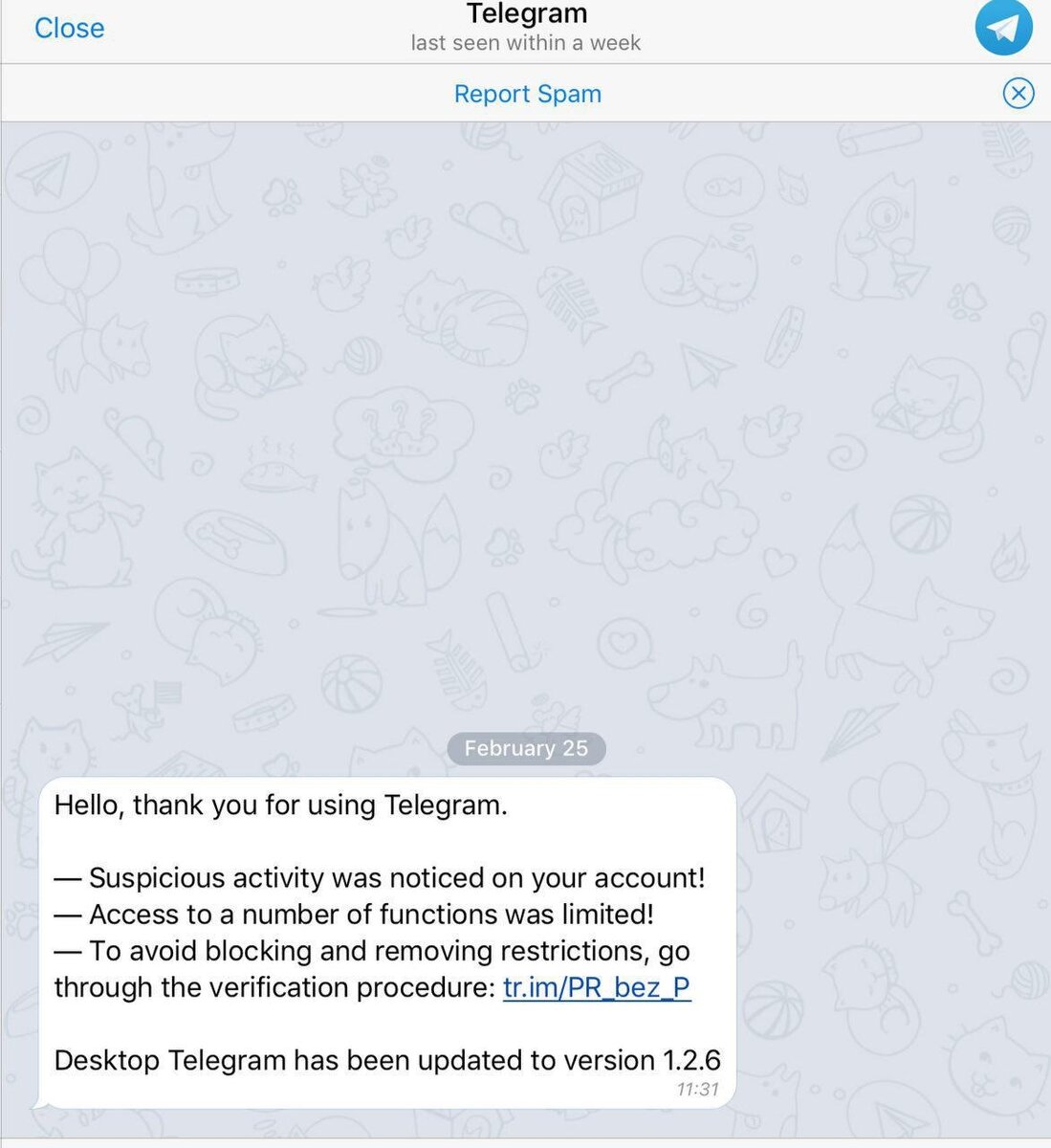 Пример сообщения, содержащего фишинг