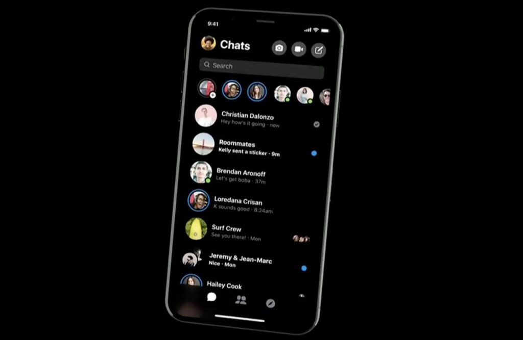 В числе изменений Messenger — три вкладки в нижней части экрана, значки камеры и видеочата справа сверху, темный режим экрана.