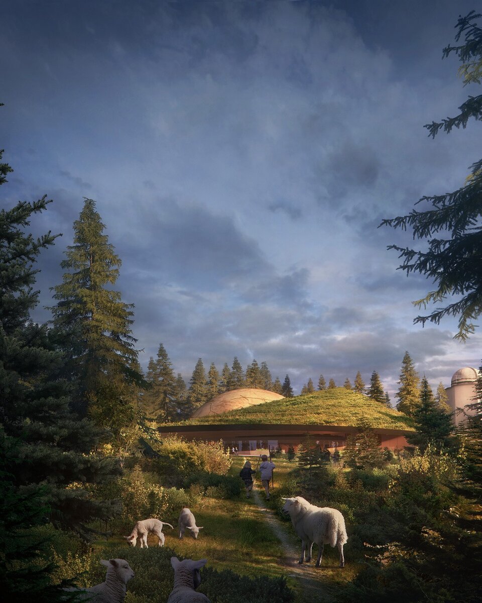 Расположенный на высоте 580 метров над уровнем моря, трехэтажный небесный театр на половину погружен в землю и окружен извилистой живой крышей. 