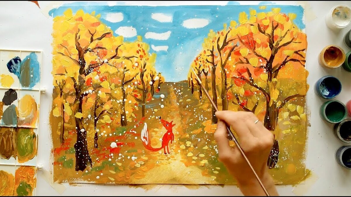 Осенний пейзаж рисунок цветными карандашами