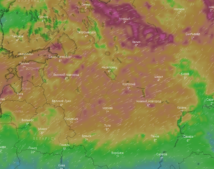 Порывы ветра по северо-западу и центру  России. Прогноз на 12-00 18 марта. Источник: windy.com