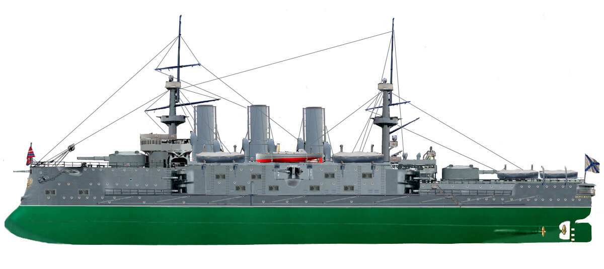 Эскадренный броненосец "Пересвет" в окраске военного времени