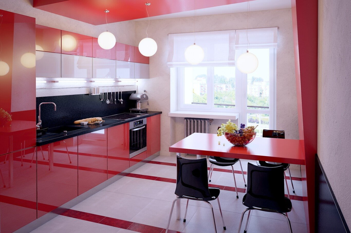 Дизайн красно-черной кухни (реальные фото)