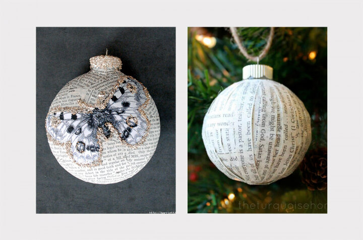 Шарики в технике «декупаж»
Нарежьте бумагу полосками или просто порвите на кусочки.
Как следует промазывайте каждый фрагмент специальным клеем для декупажа. Работайте в перчатках.
Приклеивайте кусочки на елочный шар или игрушку, наслаивая их друг на друга.
Добавьте декор.