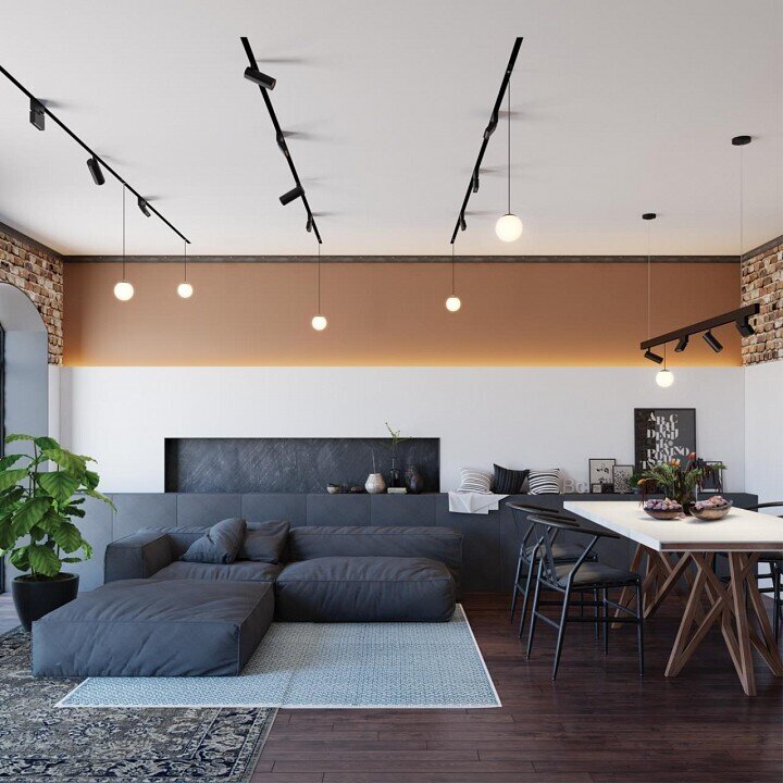 Кухня-гостиная с несколькими сценариями освещения 