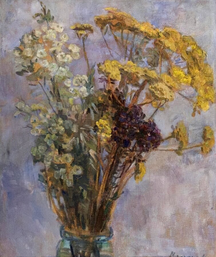 1. Малеина Евгения Алексеевна. Сухой букет. Картон, масло. 50х42. 1971. Музей-заповедник Абрамцево. Изображение: yavarda.ru