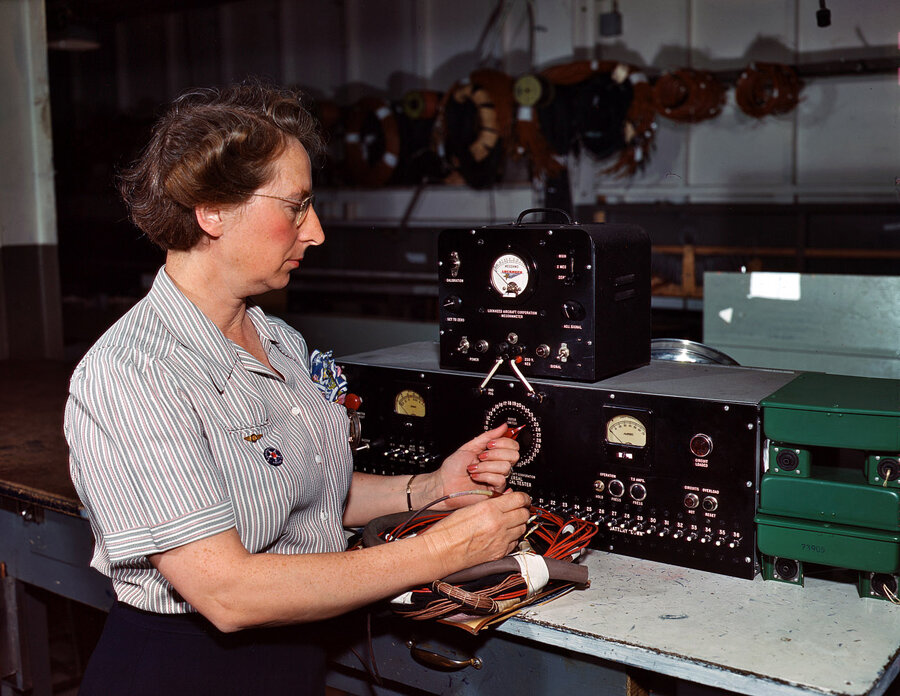 October 1942. "Testing electric wiring at Douglas Aircraft Company. Long Beach, California." 4x5 Kodachrome transparency by Alfred Palmer.
