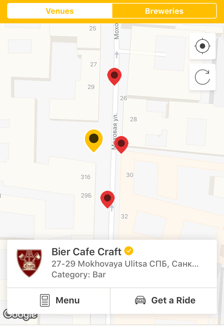 Жёлтый маркер на карте означает, что место официально подтверждено Untappd, а красный — наоборот. 