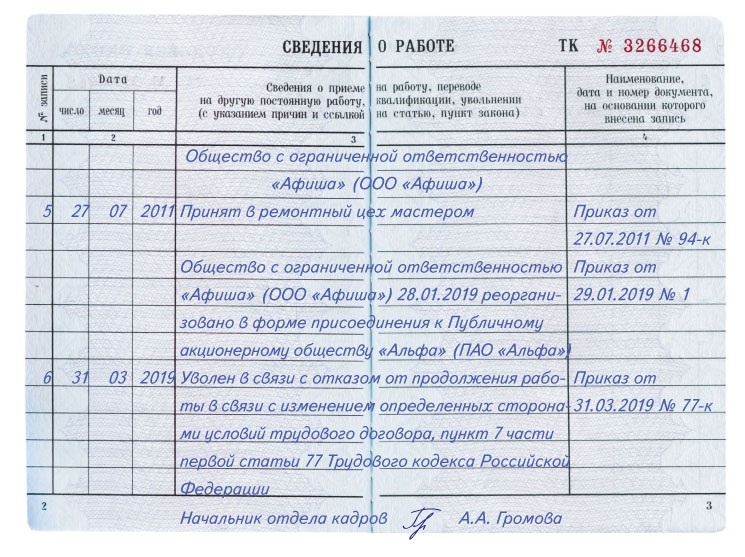 Записи в трудовой книжке о реорганизации и увольнении по п. 7 ч. 1 ст. 77 ТК