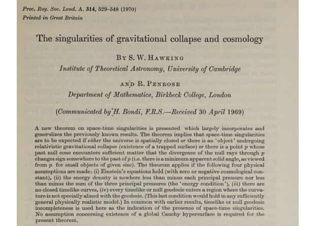 Фрагмент статьи Стивена Хокинга и Роджера Пенроуза, посвященной сингулярностям в общей теории относительности — «Сингулярности гравитационного коллапса и космология», Proceedings of the Royal Society London A. , 1970 \ RSPA