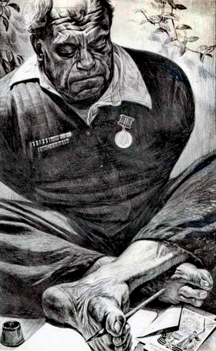 На рисунке показан ветеран который лишился рук. 