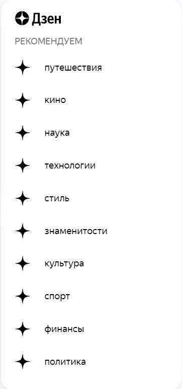 Стандартный набор интересов от Дзена