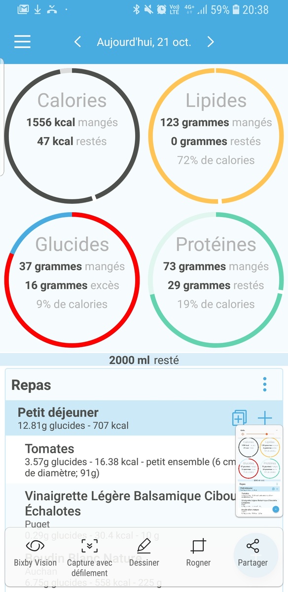 Мои результаты за день. Я веду подсчет в приложении на французском, так как российская версия Фэтсикрета на распознает французские штрих-коды на упаковках продуктов. Тут все просто: серый кружок - это калории, желтый - жиры, голубой (ставший частично красным из-за превышения нормы) - углеводы, а зеленый - белки.