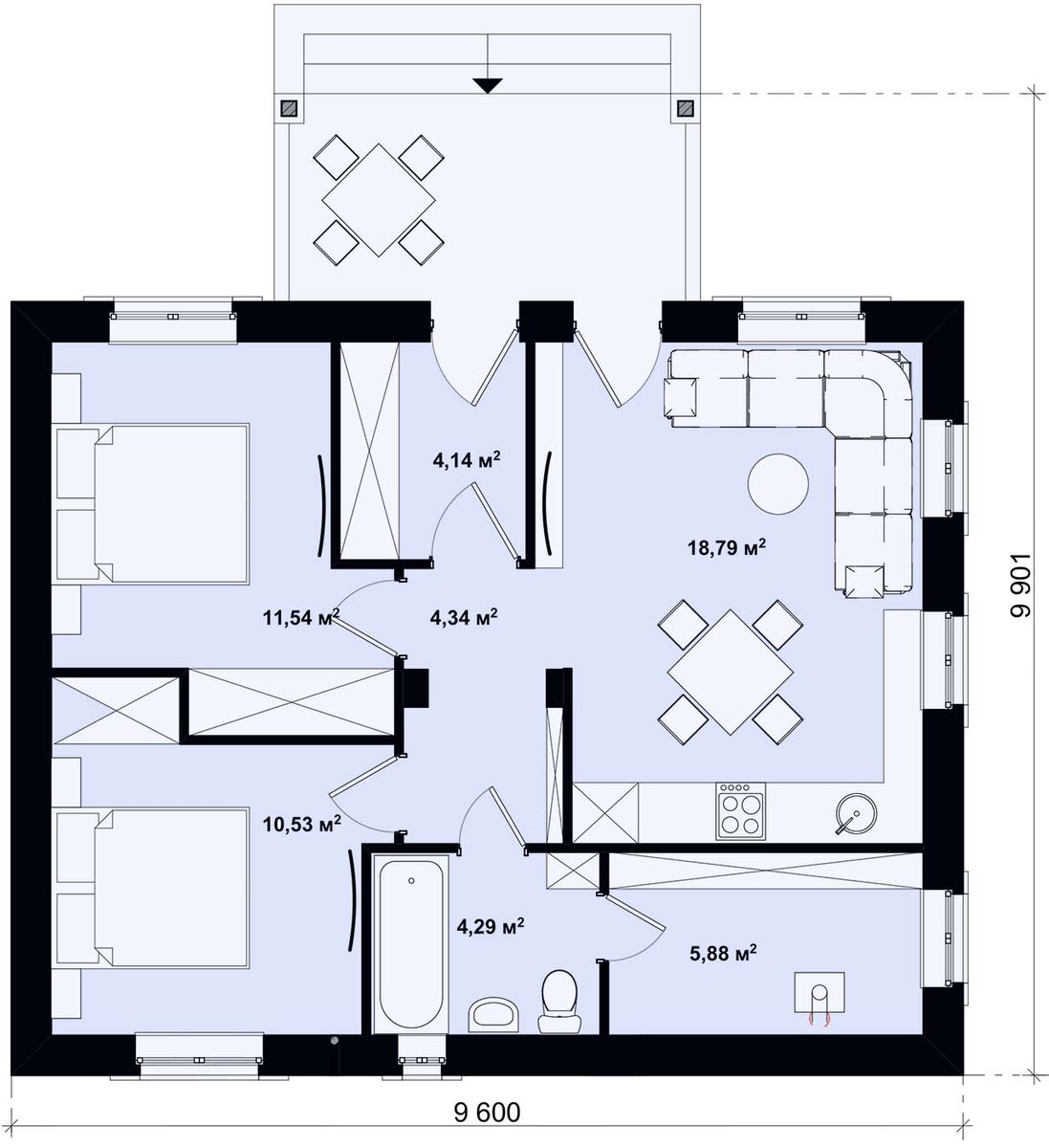 Дом почти квадратный в плане. Планировка адаптирована для расположения дома в конце участка, - вход устроен с террасы для отдыха, окна гостиной и главной спальни ориентированы вперед. Задняя сторона и боковая - почти глухие.