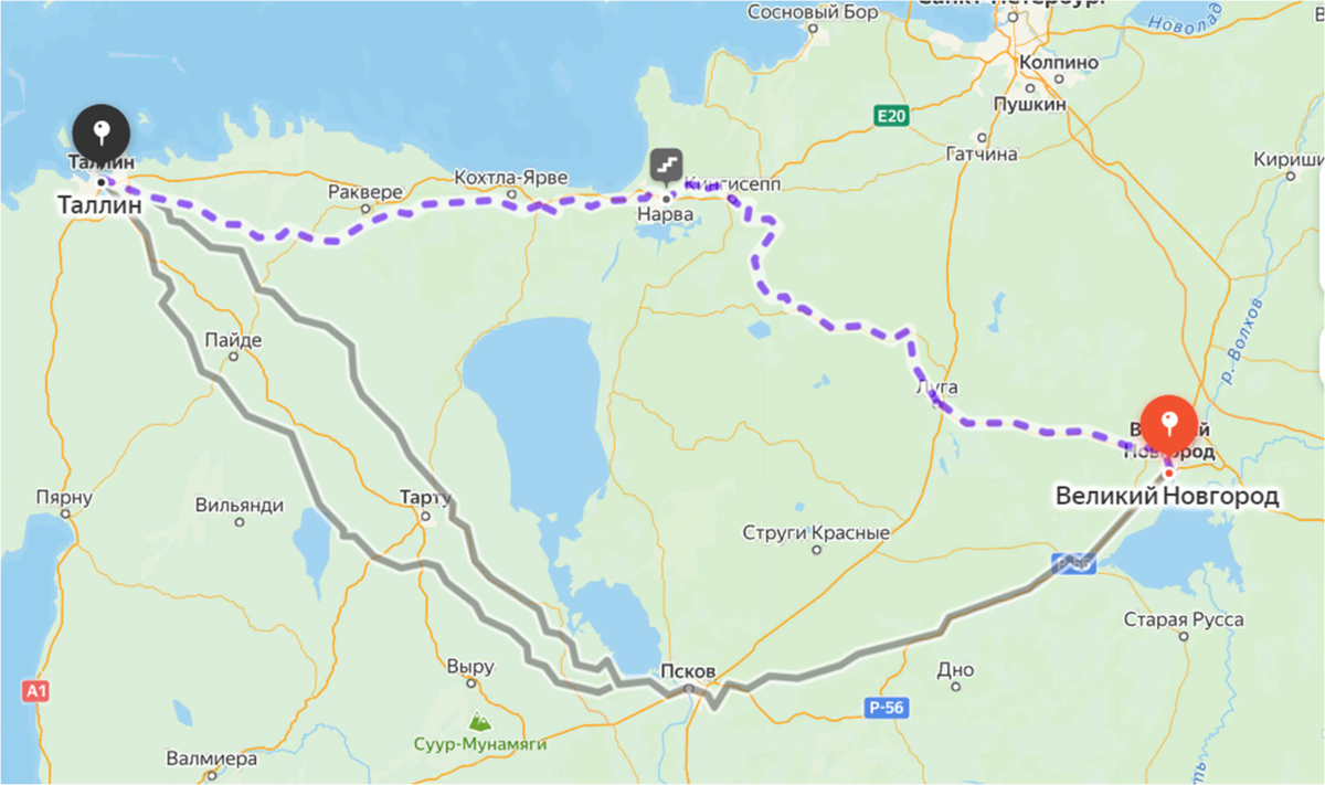 Великий Новгород - Таллин / Ревель. Яндекс.Карты