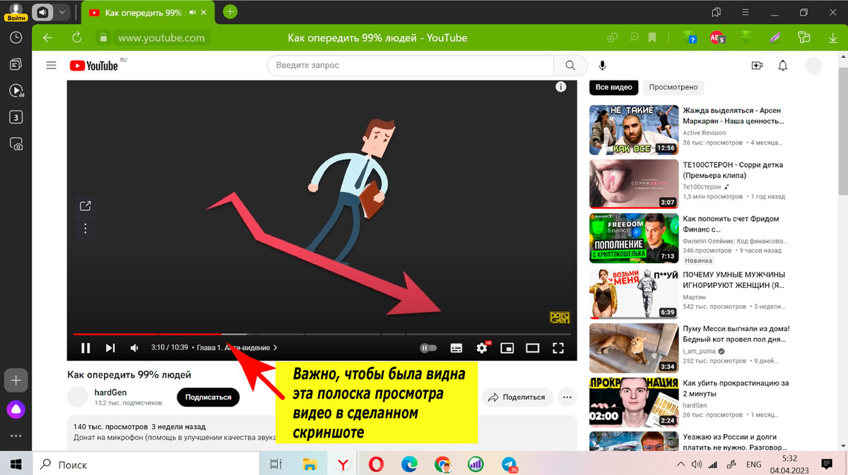 Пример, как может выглядеть скриншот для отправки заказчику. Он, конечно же, должен быть без этих надписей, выделений и стрелки - их сделал для пояснения. Чтобы была видна полоска просмотра, показывающая сколько вы просмотрели - достаточно навести мышку на видео и сделать в этот миг скриншот.