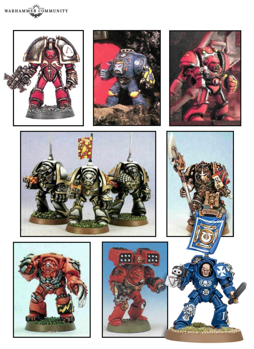 (Верхний ряд слева) Первые три прототипа модели Терминатора. (Средний ряд слева) Пластиковые Терминаторы из первого издания «Космического Халка», оригинальный Терминатор Серого Рыцаря. (Нижний ряд слева) Классический Терминатор 1989 года, который закрепил внешний вид, вооруженный ракетной установкой Циклон Терминатор из 1995 года и Сержант из нынешнего пластикового набора.