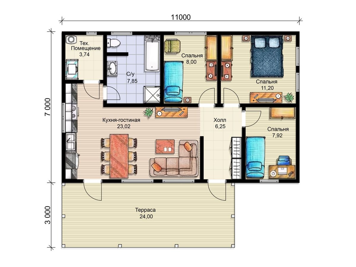 Планировка дома Булгаково 7х11м с тремя спальнями