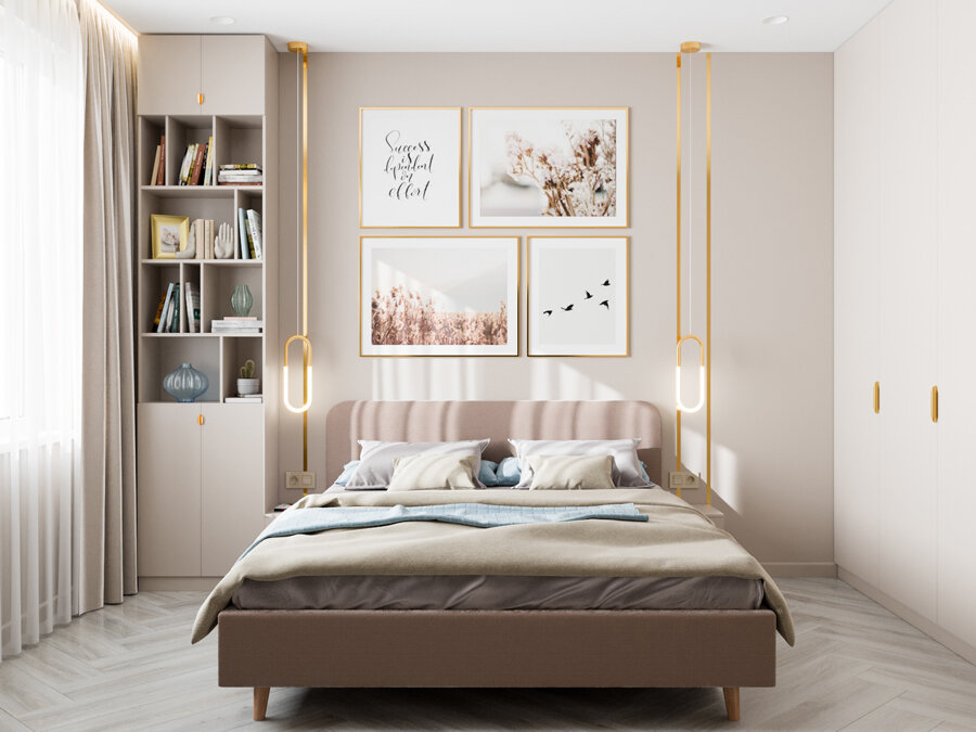 Библиотека, кровать и гардеробный шкаф в спальне