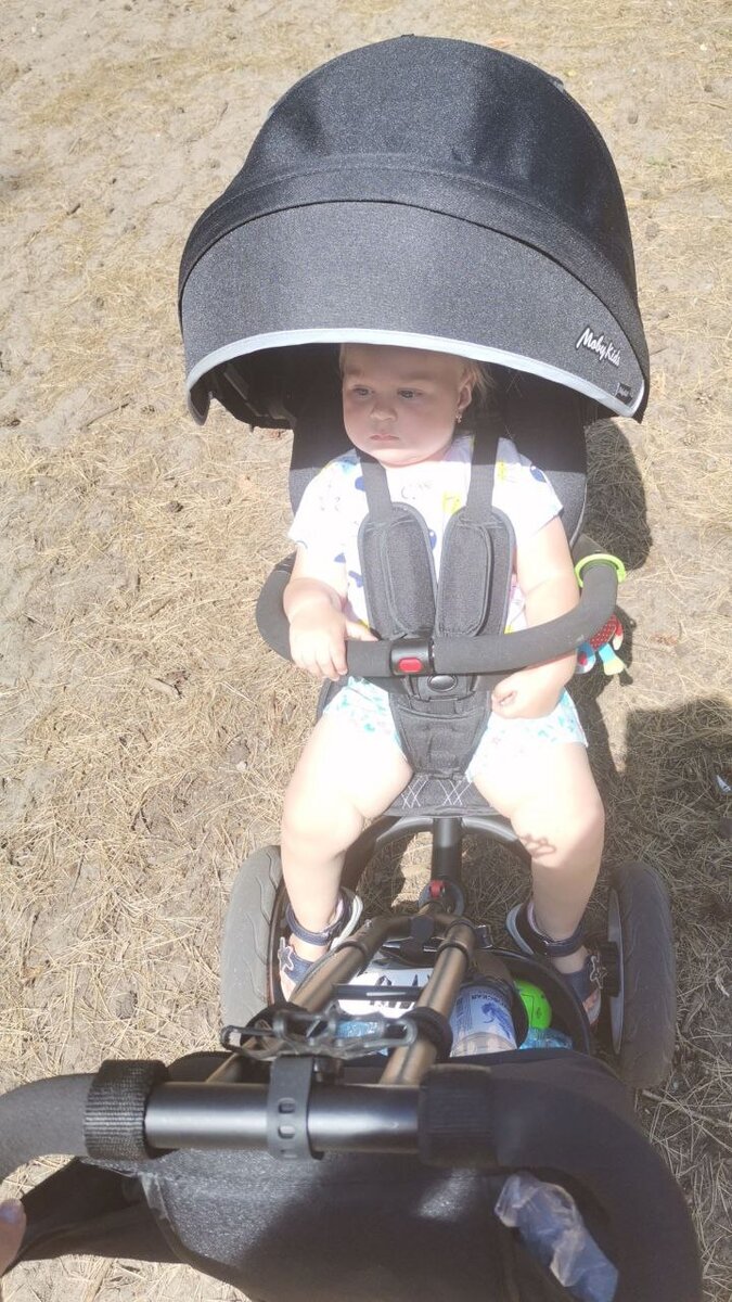 Вот так я могу её развернуть лицом к себе, откинуть спинку. Правда ноги оказываются в багажной корзине. Я отдельно купила держатель для телефона, потому что я очень люблю ходить пешком и мне нужны карты на телефоне.