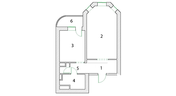Исходная планировка квартиры. Условные обозначения: 1 - прихожая и коридор, 2 - жилая комната, 3 - кухня, 4 - ванная, 5 - подсобное помещение, 6 - лоджия. 