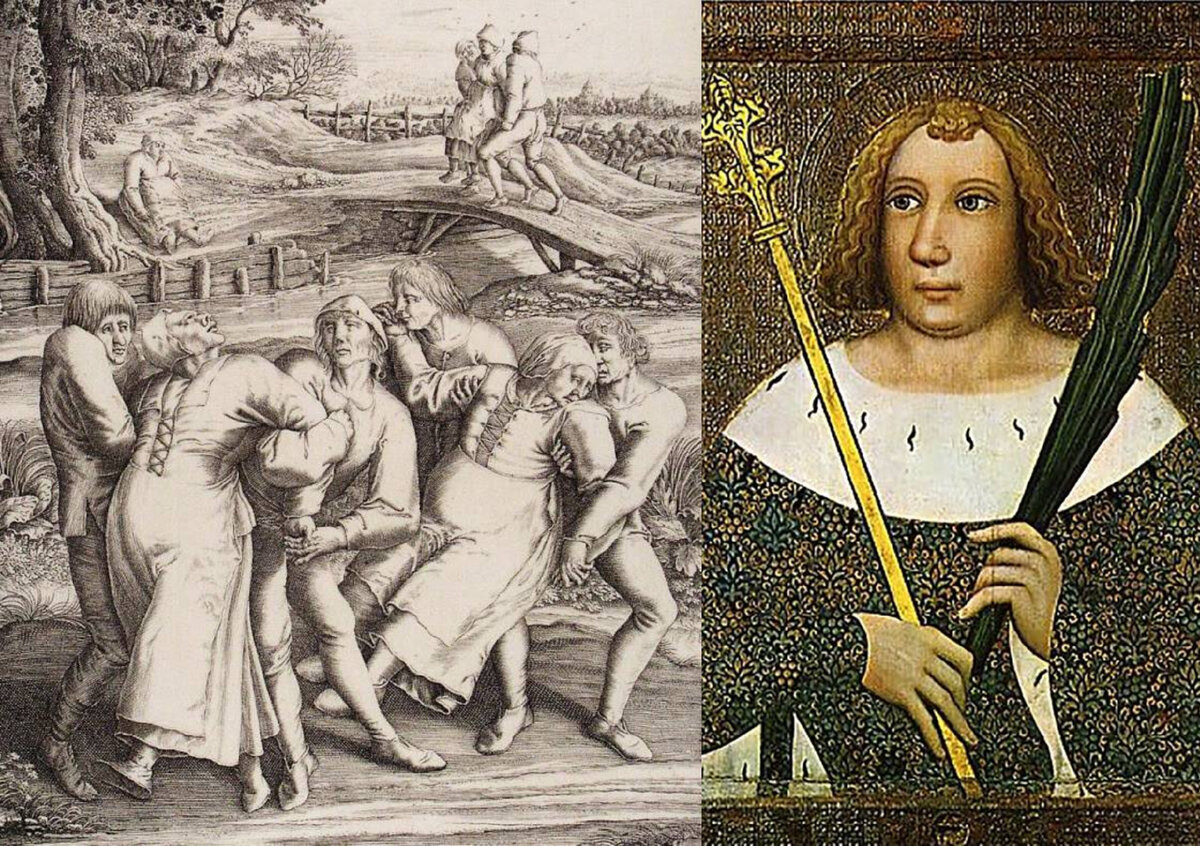 1. "Пляска Святого Вита". Фрагмент гравюры Хендрика Хондиуса. 1642 год. 2. Святой Вит. Икона. Мастер Теодорих. XIV век