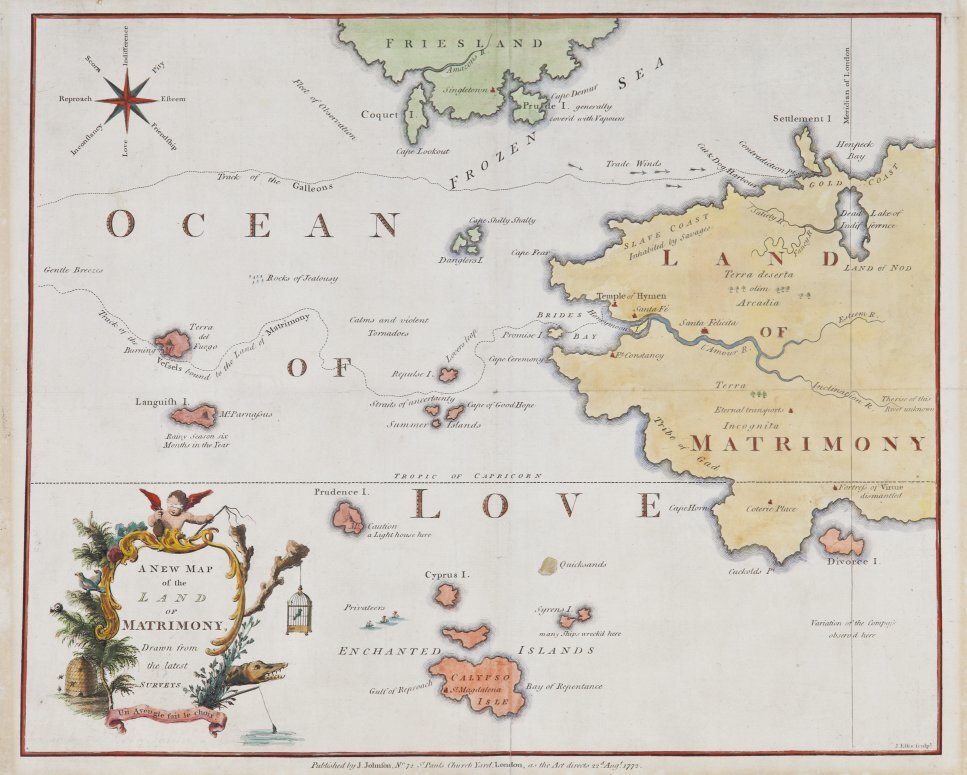 Anna Laetitia Barbauld's brilliant map to accompany her poem "To Mr. Barbauld, with a Map of the Land of Matrimony" (1772)
