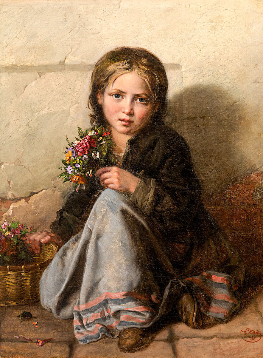 Репродукция картины Луинди Бечи «Маленькая цветочница». Размер: 34 на 25 см. Толщина постера 0,5 см; картина оснащена подвесом