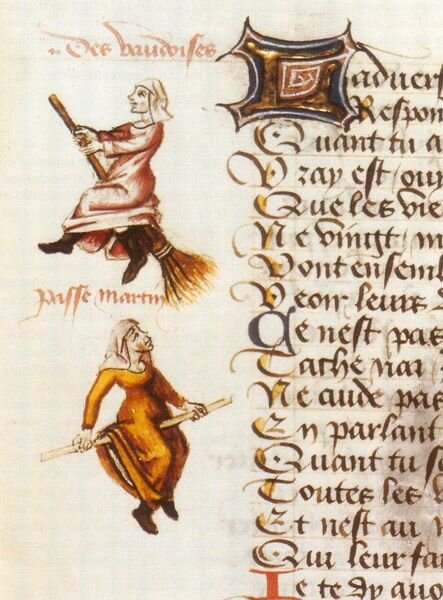 Ведьмы на метле. Миниатюра из трактата Мартина Ле Франса " Le champion des dames", 1451
