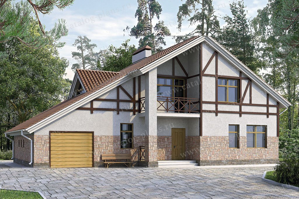 Проект двухэтажного дома из газобетона с мансардой № 51-81 в стиле фахверк