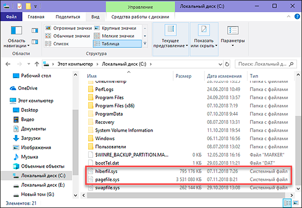 Как удалить hiberfil sys в windows. Корневая папка системного диска. pagefile sys что это за файл. где находится pagefile.sys в windows 10. hiberfil.