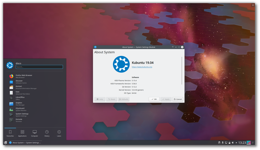 В Kubuntu предложен рабочий стол KDE Plasma 5.15 и набор приложений KDE Applications 18.12.3.  Для упрощения перехода с других ОС по умолчанию для открытия файлов и  каталогов теперь применяется двойной клик мышью (первый клик делает  активной пиктограмму, а второй открывает файл). Старое поведение  (открытие одним кликом) можно вернуть в настройках; Добавлен пакет  kio-gdrive для обращения к Google Drive из приложений с поддержкой KIO  (Dolphin, Kate, Gwenview и т.п.).В инсталлятор добавлен режим  минимальной установки, при выборе которой не устанавливаются  PIM-приложения (почтовый клиент, планировщик), LibreOffice, Cantata, mpd  и некоторые мультимедийные и сетевые приложения (остаётся только чистый  Plasma Desktop, Firefox, VLC и некоторые утилиты). Продолжается  тестирование сеанса на базе Wayland (после установки пакета  plasma-workspace-wayland появляется опциональный пункт "Plasma  (Wayland)" на экране входа);




