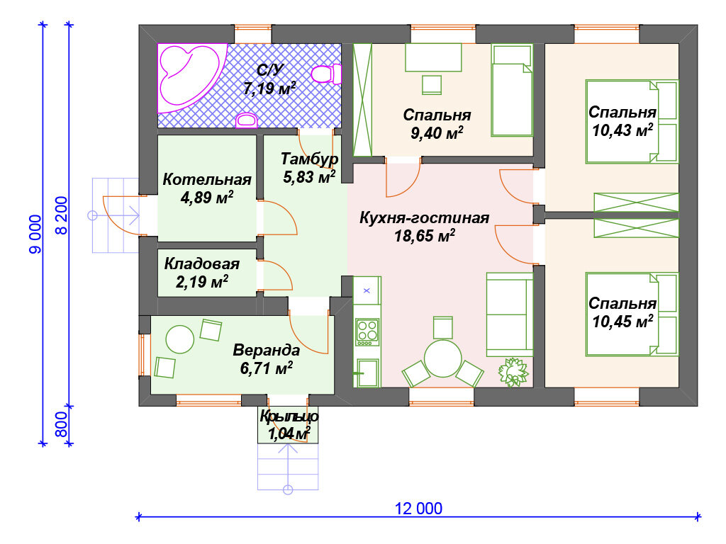 Проект бюджетного одноэтажного дома из газобетона с 3 спальнями |  Arplans.ru - проекты домов | Дзен