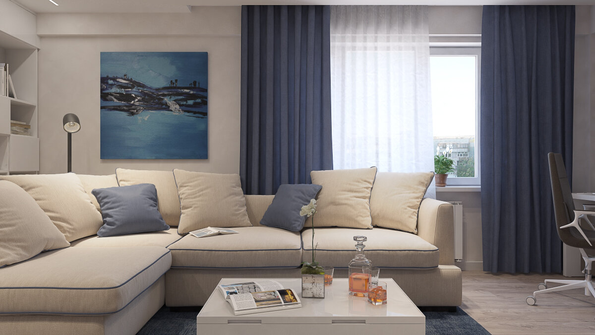 Синий в текстиле: шторы, подушки, ковер