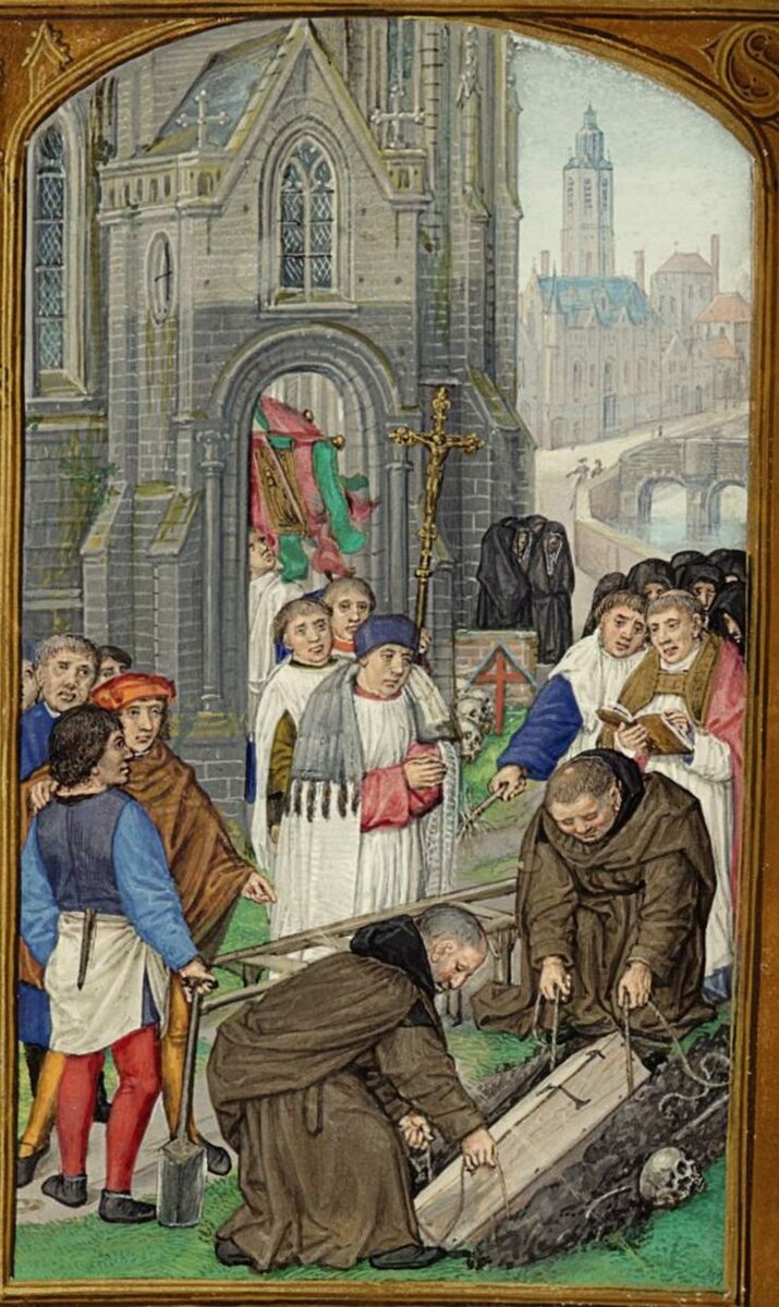 Неизвестно, кто лежит в гробу, но судя по местоположению в центре главного собора Парижа и ценному материалу, дорогому металлу, это должна быть достаточно видная персона начала XIV века, так что имя этого человека наверняка есть в письменных источниках. Осталось только получить меткую наводку. (Иллюстрация: средневековая миниатюра со сценой похорон, но не в соборе, а на уличном кладбище).