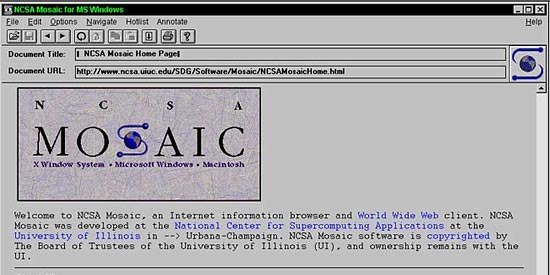 NCSA Mosaic— это первый веб-браузер под операционную систему Microsoft Windows с графическим интерфейсом пользователя. Исходный код Mosaic лёг в основу Netscape Navigator и Internet Explorer. Основными разработчиками браузера были Марк Андрессен и Эрик Бина, работавшие в Национальном центре суперкомпьютерных приложений Иллинойского университета в Урбана-Шампейн. Работа по развитию Mosaic прекращена в 1997 году. Последняя версия (Mosaic 3.0) имеет встроенные e-mail и ftp-клиенты, но не поддерживает JavaScript и анимированные GIF-файлы. В 2010 году код NCSA Mosaic 2.7 был адаптирован для работы в современных Linux-дистрибутивах[2].