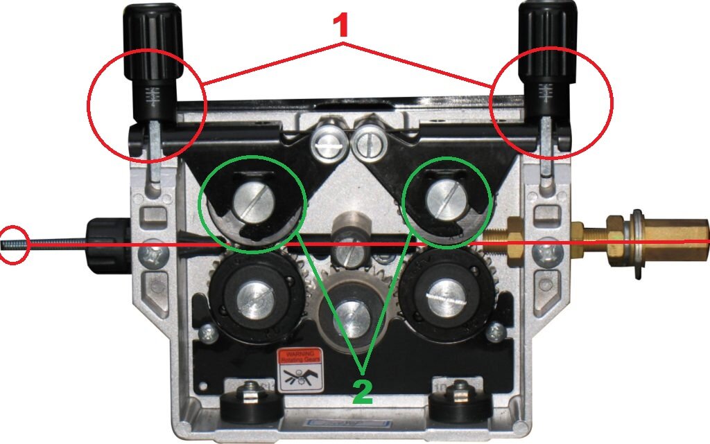 Красная линия - ваша проволока. 1 - рычажки зажимы роликов. 2 - ролики.
